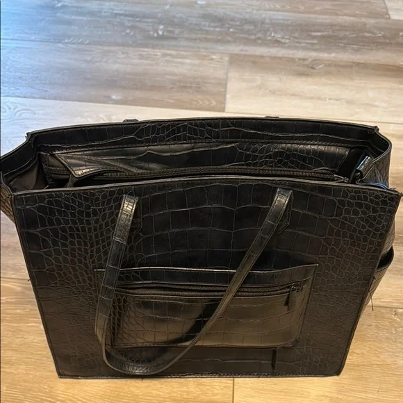 BEIS Black Structured Tote Bag with Crocodile Texture - Picture 6 of 8